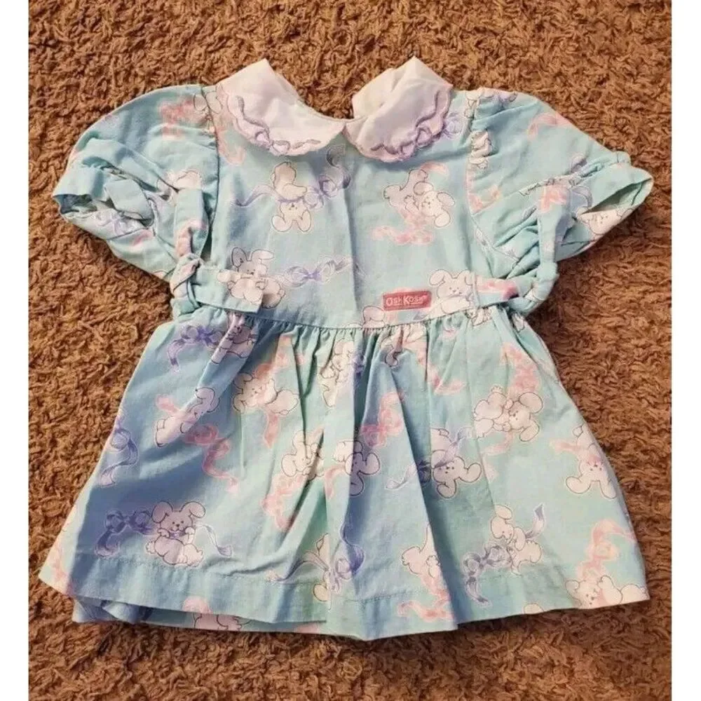 Vintage Osh Kosh Dress Girls 12 Month‎ Mint Blue Bunny Bow All Over USA Easter